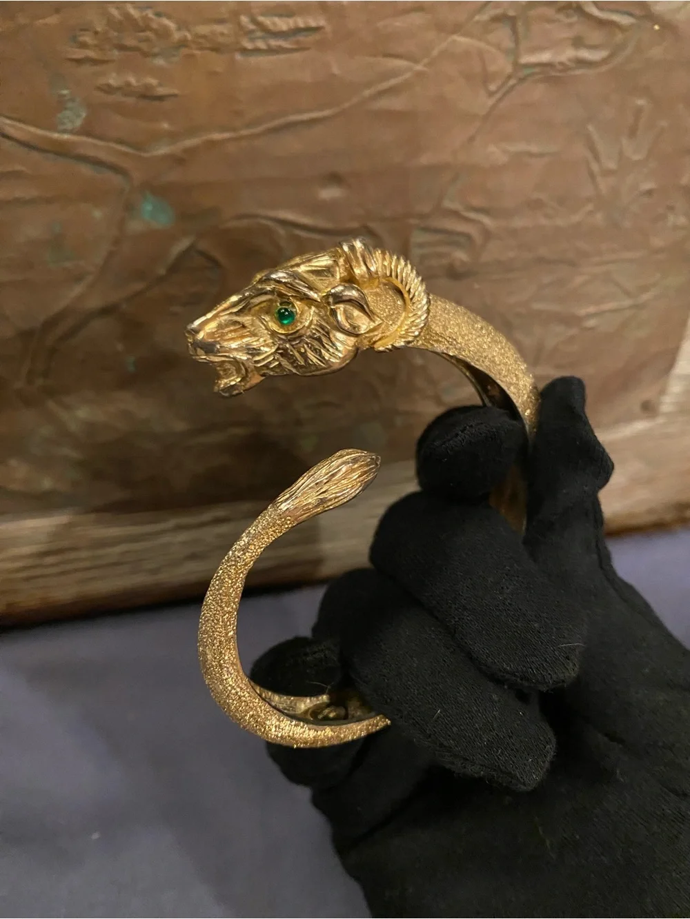 Gold Ram Head Hinged Bangle Bracelet with Green Stone Eyes